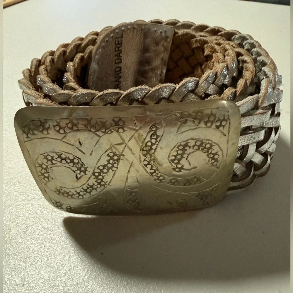 Gerard Darel Silver Braided Belt Western Buckle Rodeo Boho Southwestern